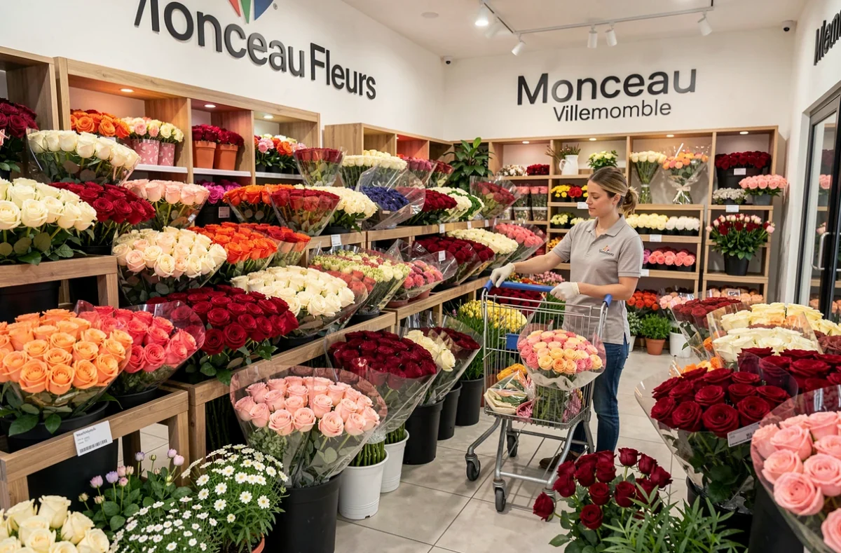 Espace de vente Monceau Fleurs à Villemomble avec de denses présentoirs de roses colorées et de bouquets enveloppés près de l'entrée