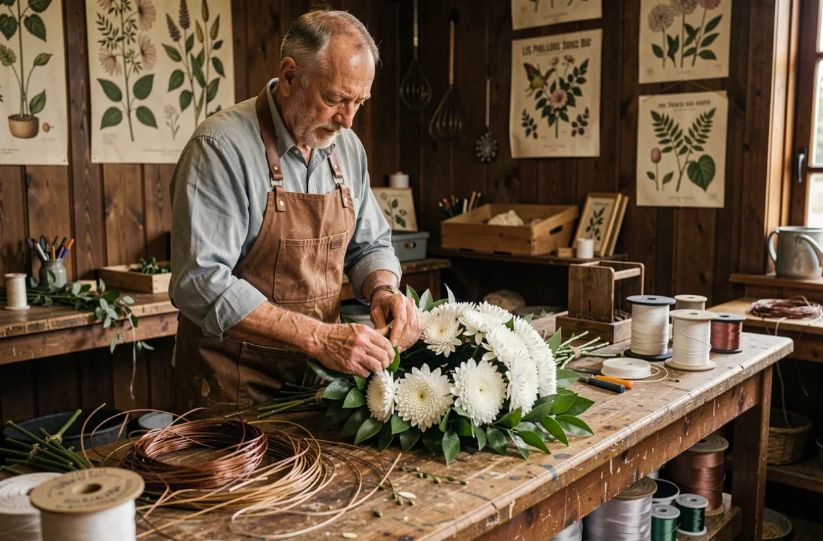 Artisan fleuriste Morel Patrice aux Pavillons-sous-Bois assemblant une couronne funéraire de chrysanthèmes blancs dans un atelier traditionnel