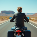 Motard sur une route désertique avec paysage rocheux