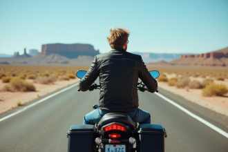 Motard sur une route désertique avec paysage rocheux