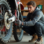 Jeune motard inspectant un pneu de dirt dans un garage