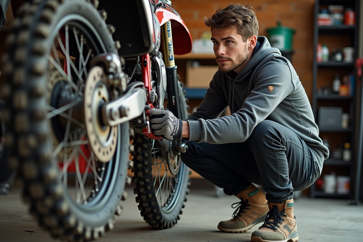 Jeune motard inspectant un pneu de dirt dans un garage