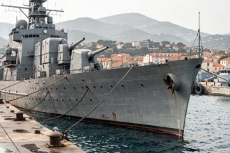Navire de guerre de la Marine nationale amarré au port militaire de Toulon avec la rade en arrière-plan
