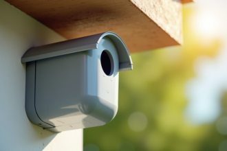 Nichoir en PVC gris installé sous un avant-toit en extérieur