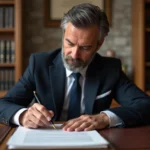 Notaire examinant un document juridique relatif au droit de propriété article 544 dans un bureau officiel