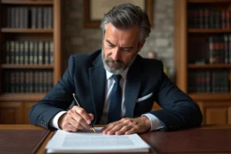 Notaire examinant un document juridique relatif au droit de propriété article 544 dans un bureau officiel