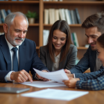 Notaire avec famille signant un contrat dans un bureau moderne