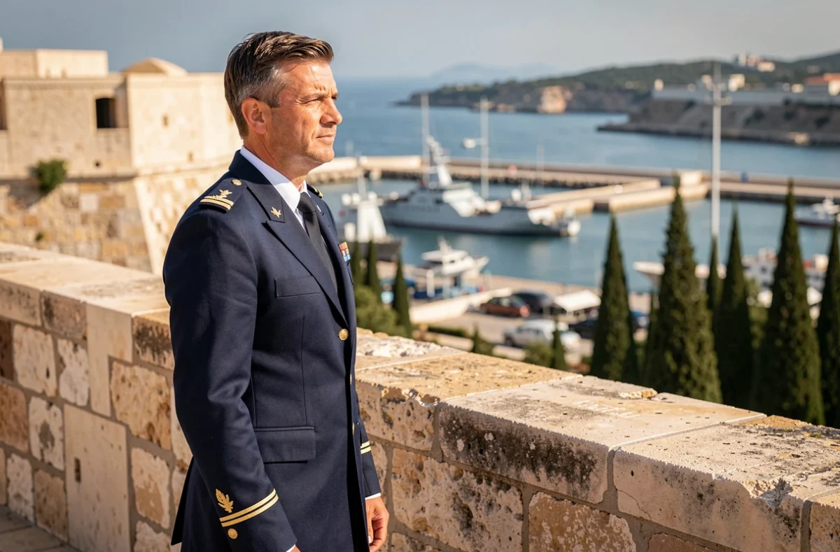 Officier de la Marine nationale en uniforme sur les remparts historiques surplombant la base navale de Toulon