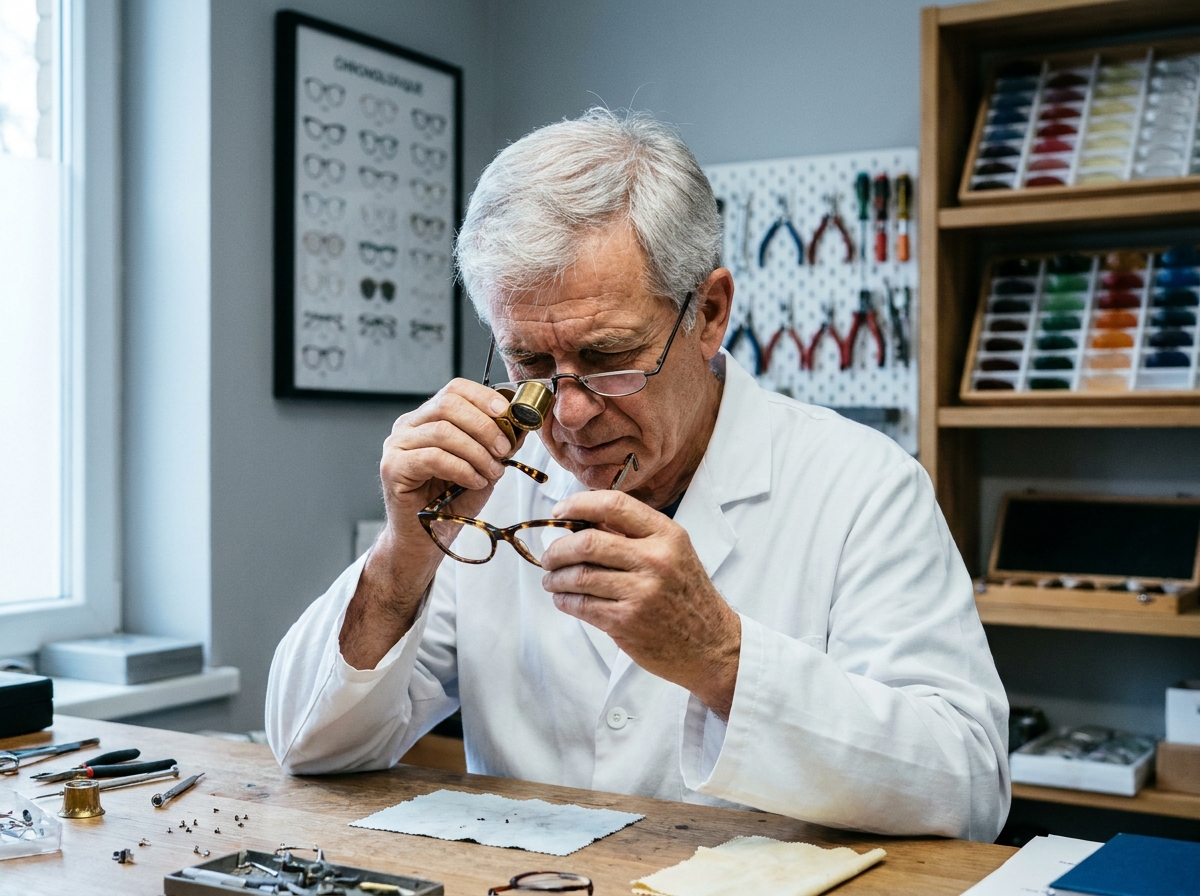 Opticien de 60 ans examinant des lunettes vintage années 1950 dans son atelier à Rennes, entouré d'une chronologie de l'histoire des lunettes