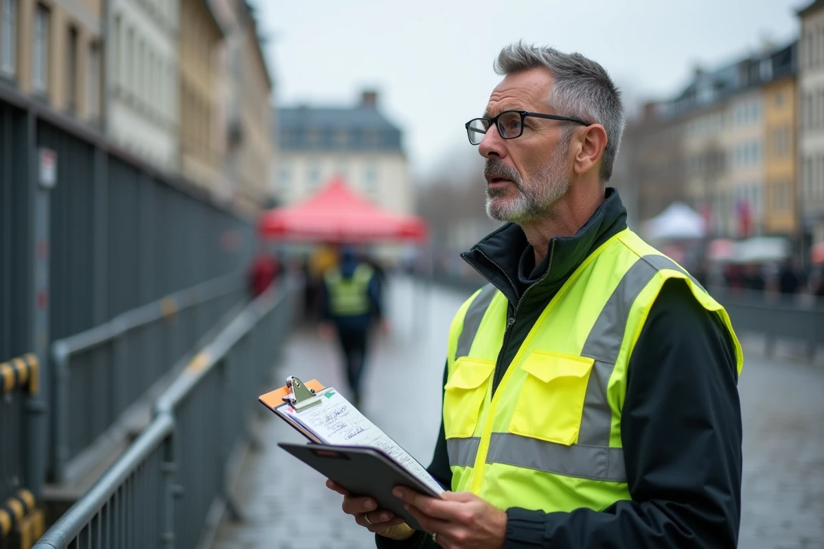 Organisateur en gilet jaune consultant ses notes avant l'annulation éventuelle du feu d'artifice de Lille 2026