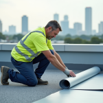 Ouvrier sur toit urbain appliquant une membrane d'étanchéité