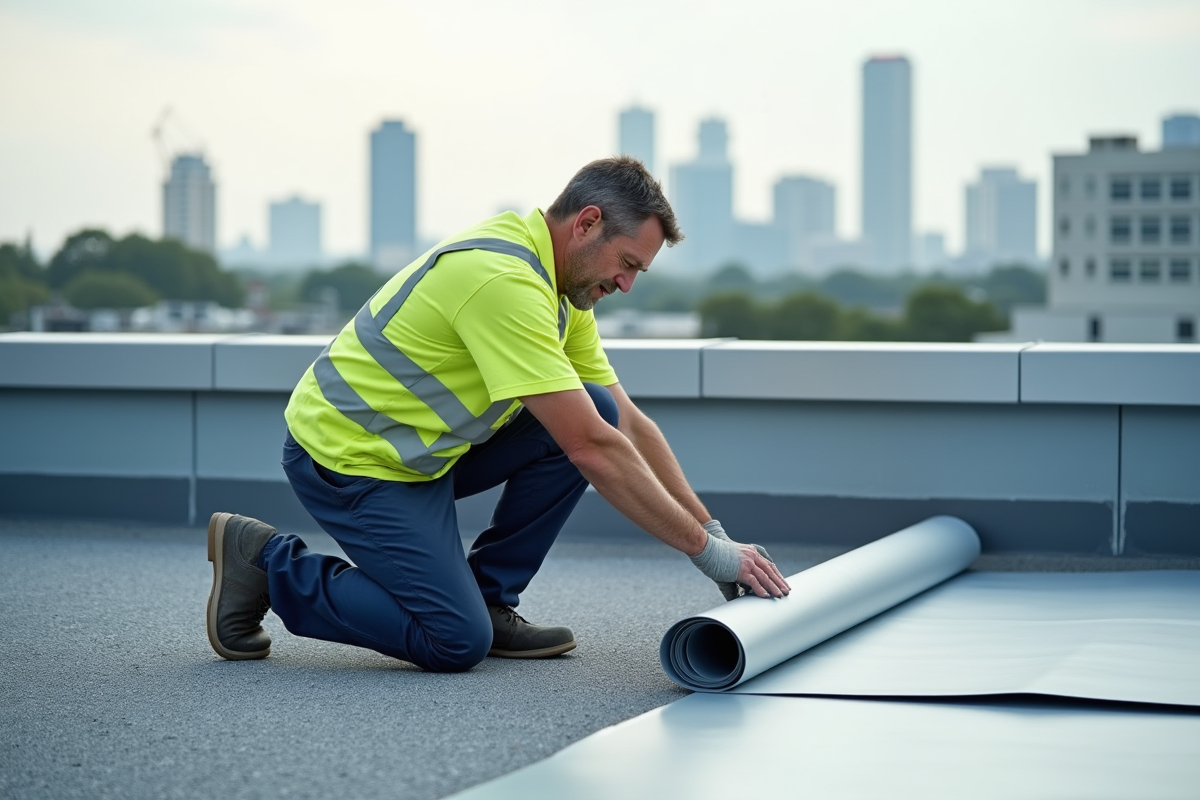 Ouvrier sur toit urbain appliquant une membrane d'étanchéité