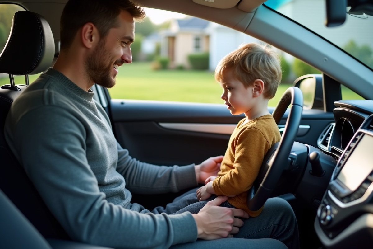Père aidant son enfant à attacher sa ceinture dans la voiture