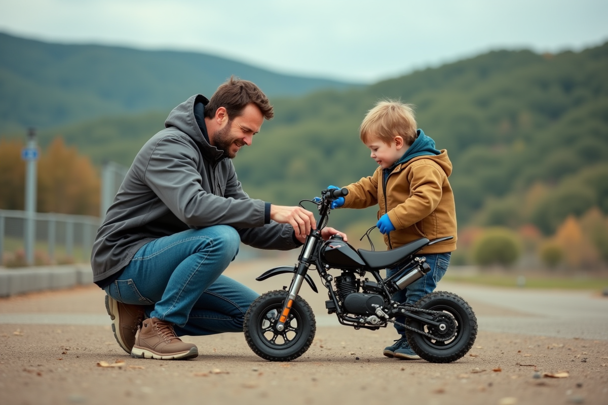 Parent ajustant la chaîne de la moto avec enfant curieux
