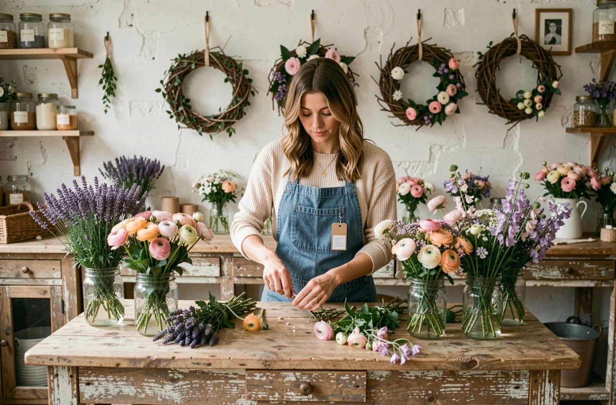 Fleuriste de Parmi les Fleurs à Gournay-sur-Marne taillant des tiges de lavande et de renoncules dans une boutique au décor rustique chic