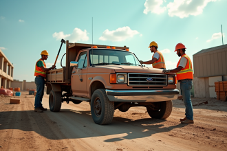Pick-up robuste sur un chantier avec professionnels