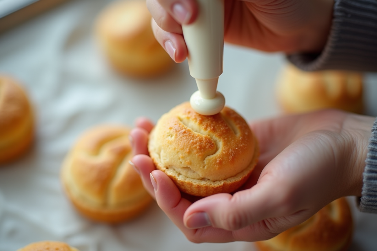 Main versant de la crème dans un minichoux au craquelin