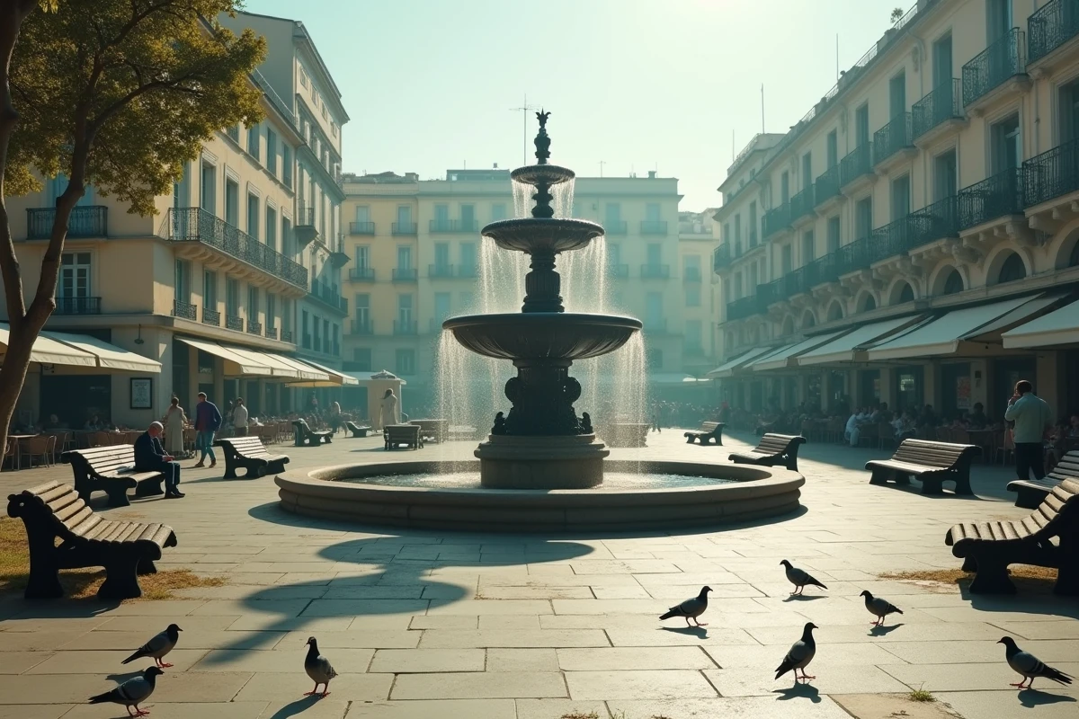 Place publique de Marseille presque déserte avec fontaine et quelques habitants épars, évoquant la question de la baisse durable de la population