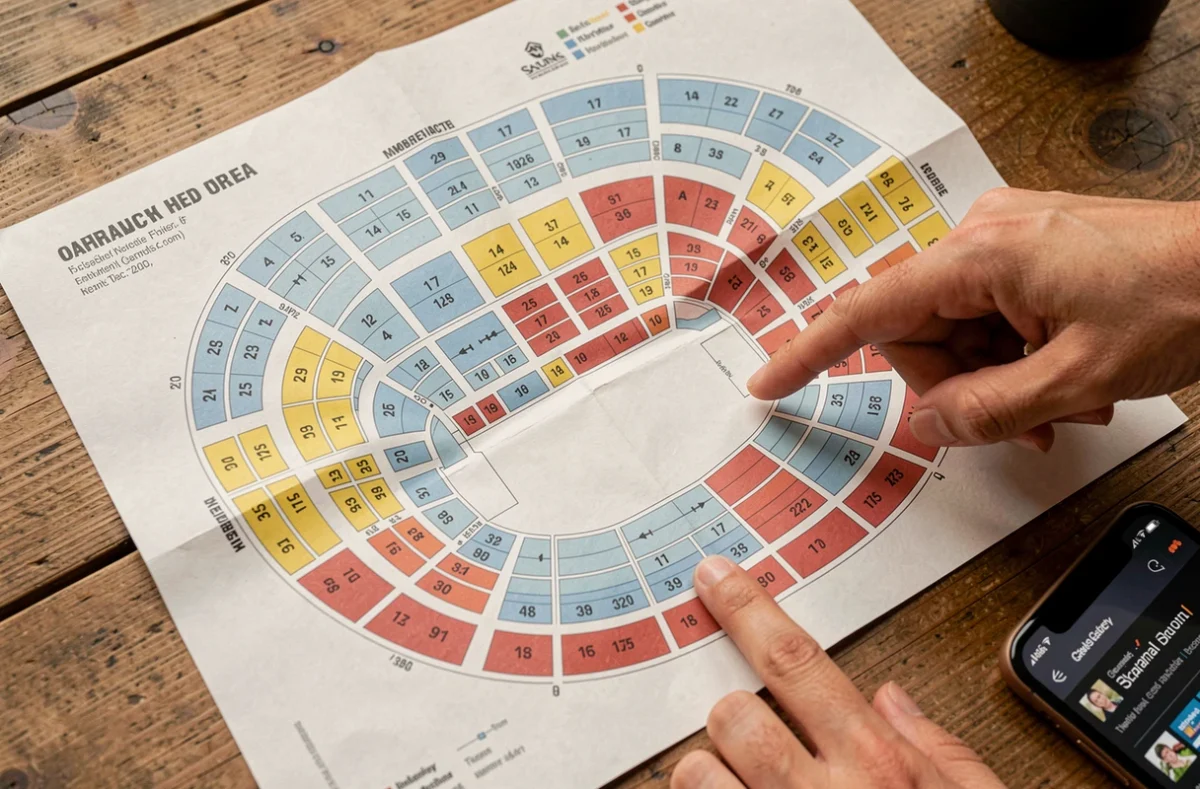 Plan de salle détaillé de l'Accor Arena avec sections numérotées et catégories de places colorées