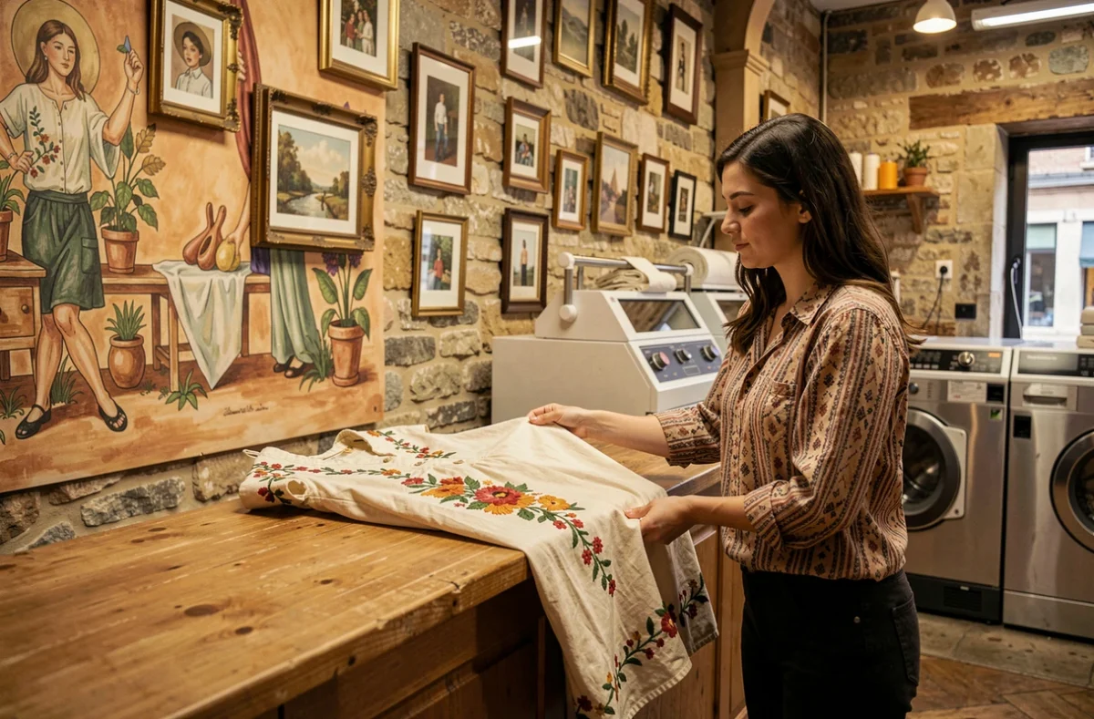 Cliente déposant une robe brodée vintage au comptoir artistique de Pressing Art à Bordeaux