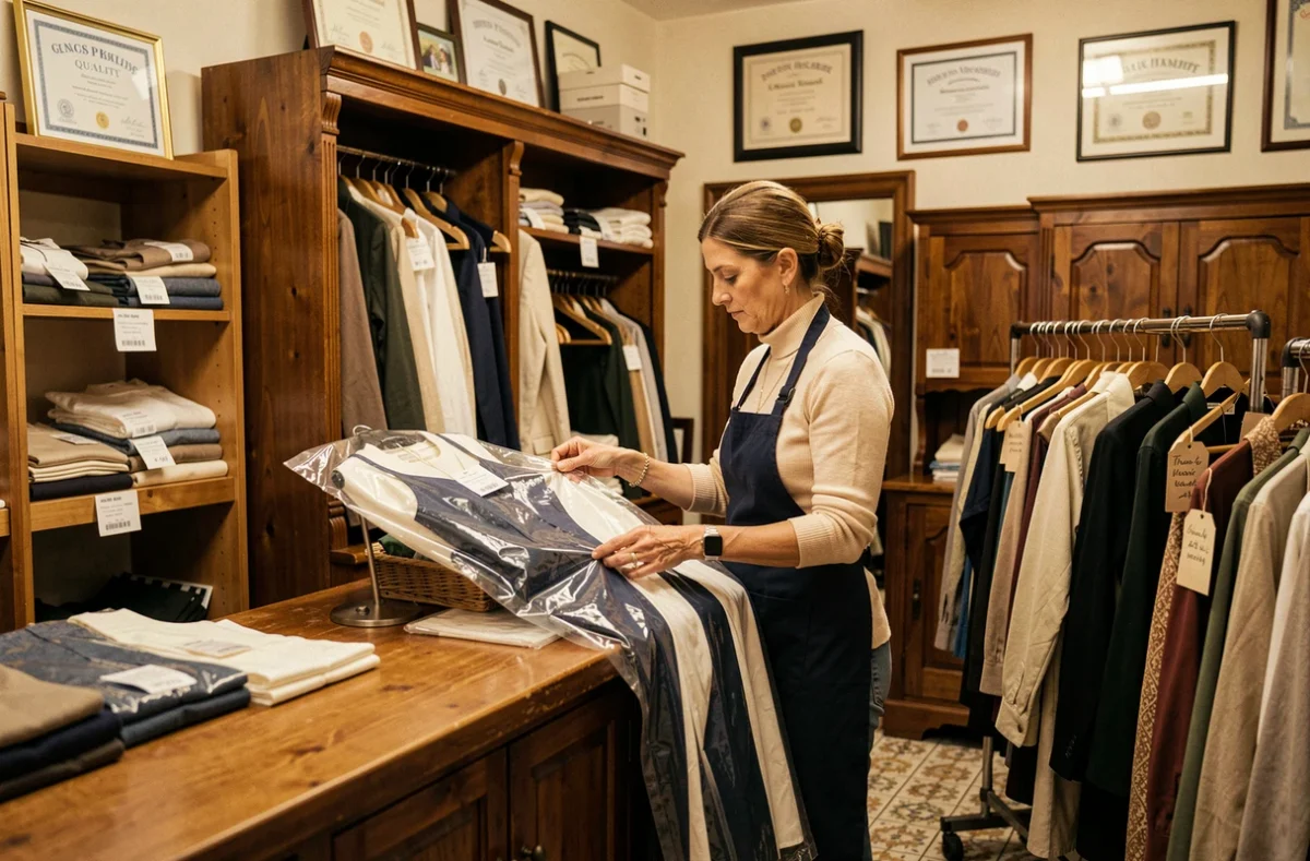 Employée de Pressing de la Victoire emballant soigneusement une robe du soir dans un sac à vêtements