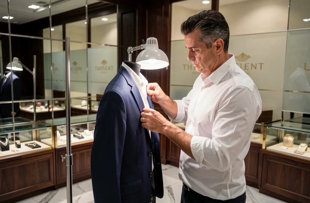 Technicien de Pressing Deluxe inspectant un veston de luxe avec soin dans un studio haut de gamme