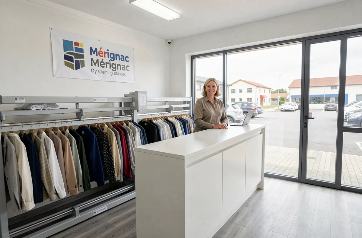 Propriétaire de Pressing Mérignac Centre devant le système de rails automatisés de sa boutique moderne