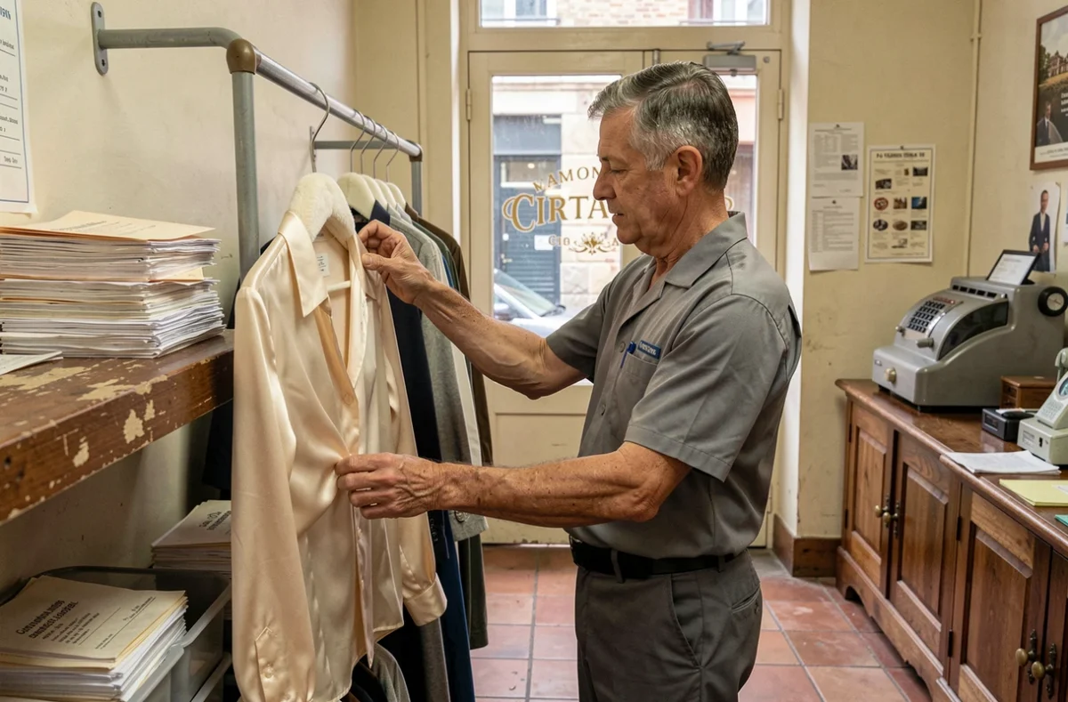 Employé de Pressing Saint-Genès examinant un chemisier en soie dans une boutique de quartier authentique