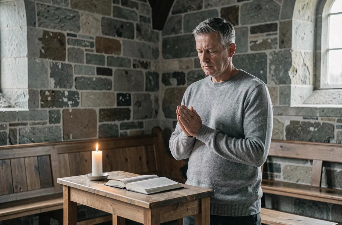 Homme en prière silencieuse dans une chapelle en pierre, symbolisant le rituel spirituel de l'heure miroir 11h01