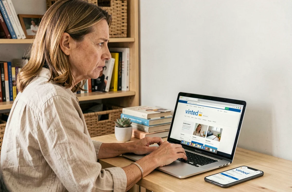 Femme cherchant une solution sur ordinateur après un problème de suivi colis Vinted Go bloqué