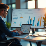 Professionnel travaillant sur un ordinateur dans un bureau lumineux