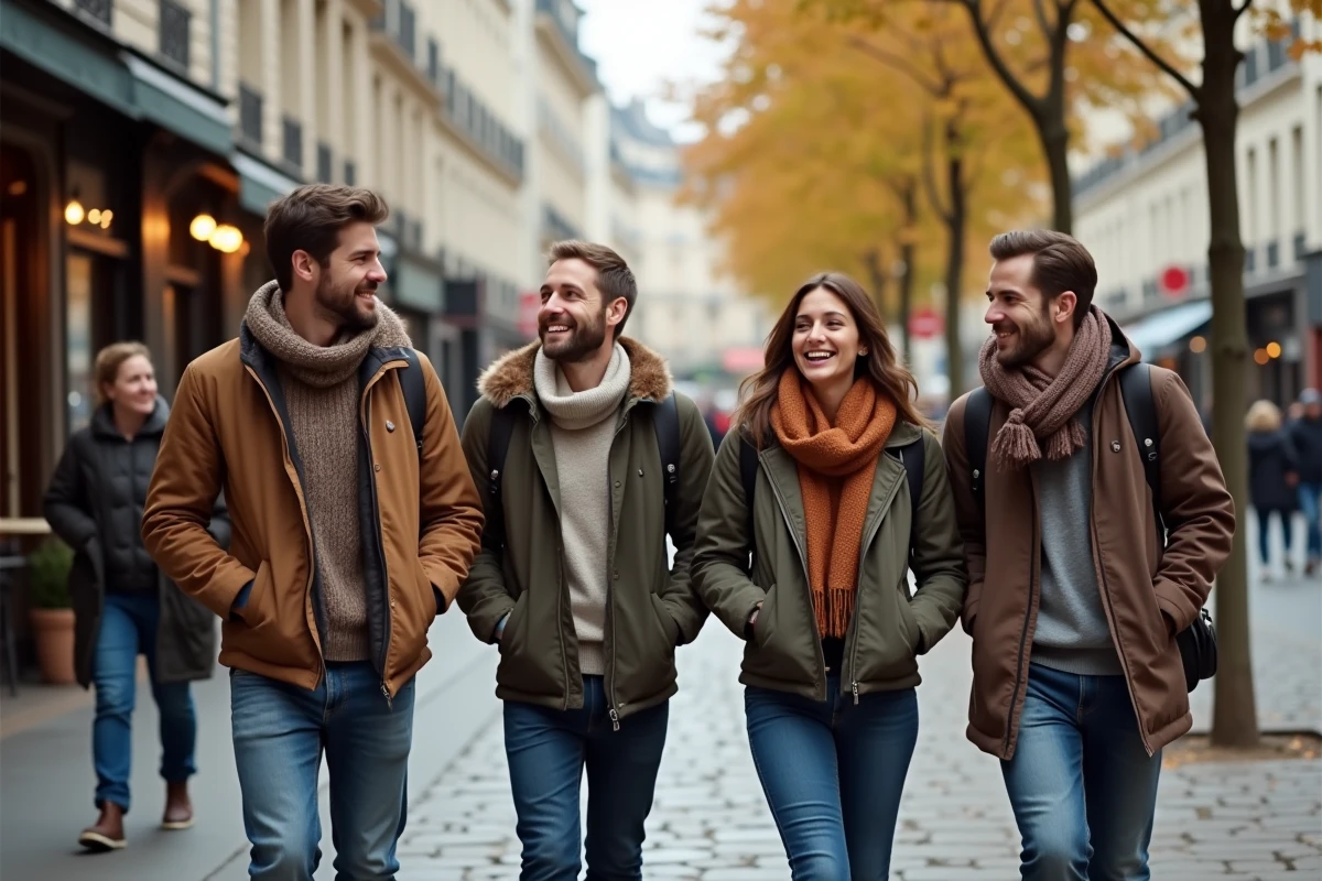 Groupe d amis marche dans une rue parisienne animée
