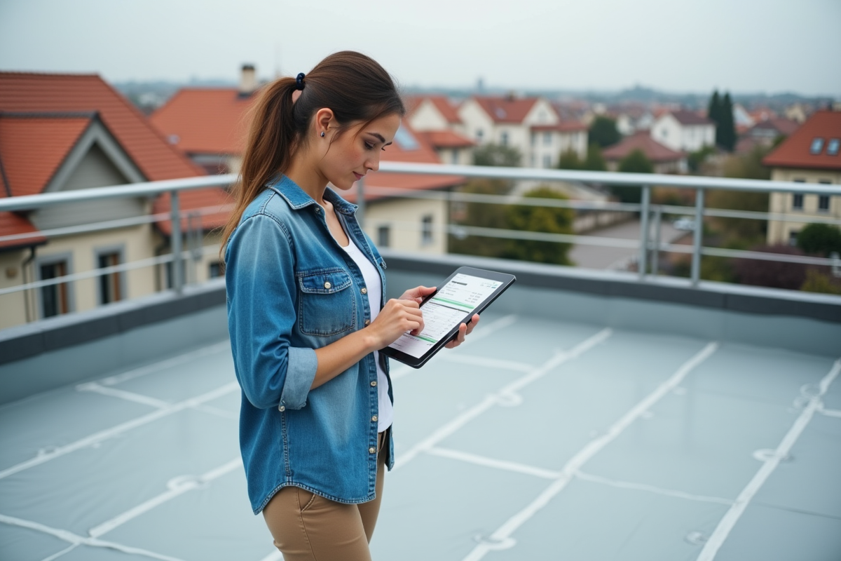 Jeune femme vérifiant une facture sur son tablette sur le toit