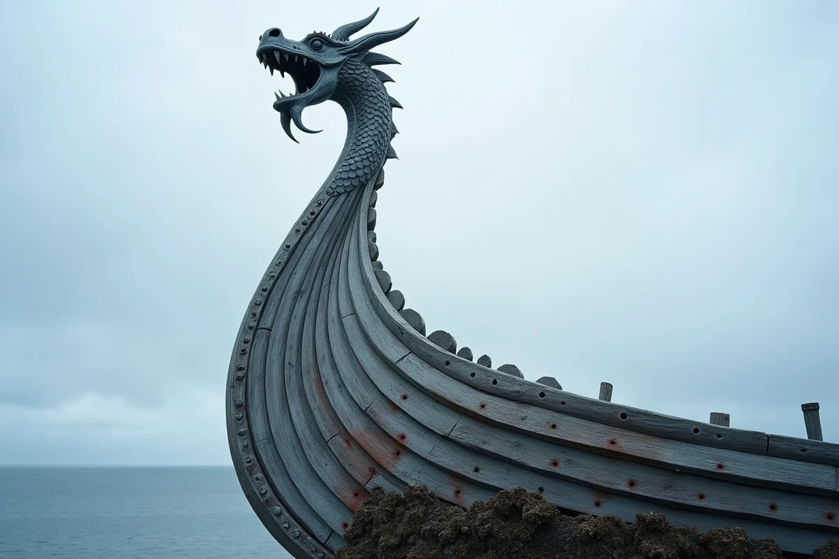 Proue de drakkar viking en forme de dragon serpentin sur un site patrimonial côtier scandinave, soulignant l'absence d'ailes contrairement au dragon médiéval