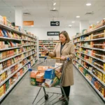 Rayon d'un supermarché discount Lidl Paris 20 avec une cliente examinant des produits en 2026