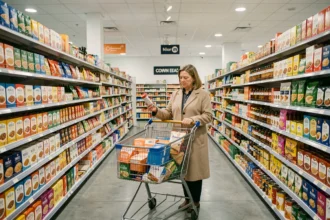 Rayon d'un supermarché discount Lidl Paris 20 avec une cliente examinant des produits en 2026