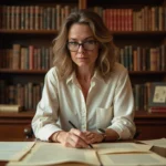 Femme consultant des archives et documents anciens liés à une date de naissance historique