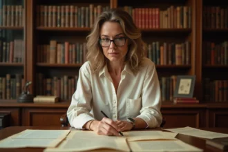 Femme consultant des archives et documents anciens liés à une date de naissance historique
