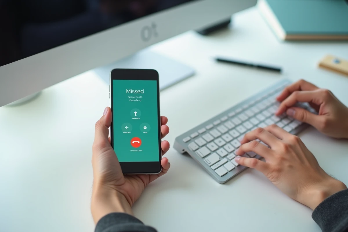 Mains utilisant un smartphone et un clavier pour vérifier gratuitement un numéro de téléphone inconnu en ligne