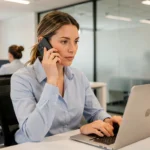 Femme professionnelle recherchant un numéro de téléphone via l'annuaire 118 712 dans un bureau moderne