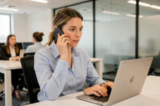 Femme professionnelle recherchant un numéro de téléphone via l'annuaire 118 712 dans un bureau moderne