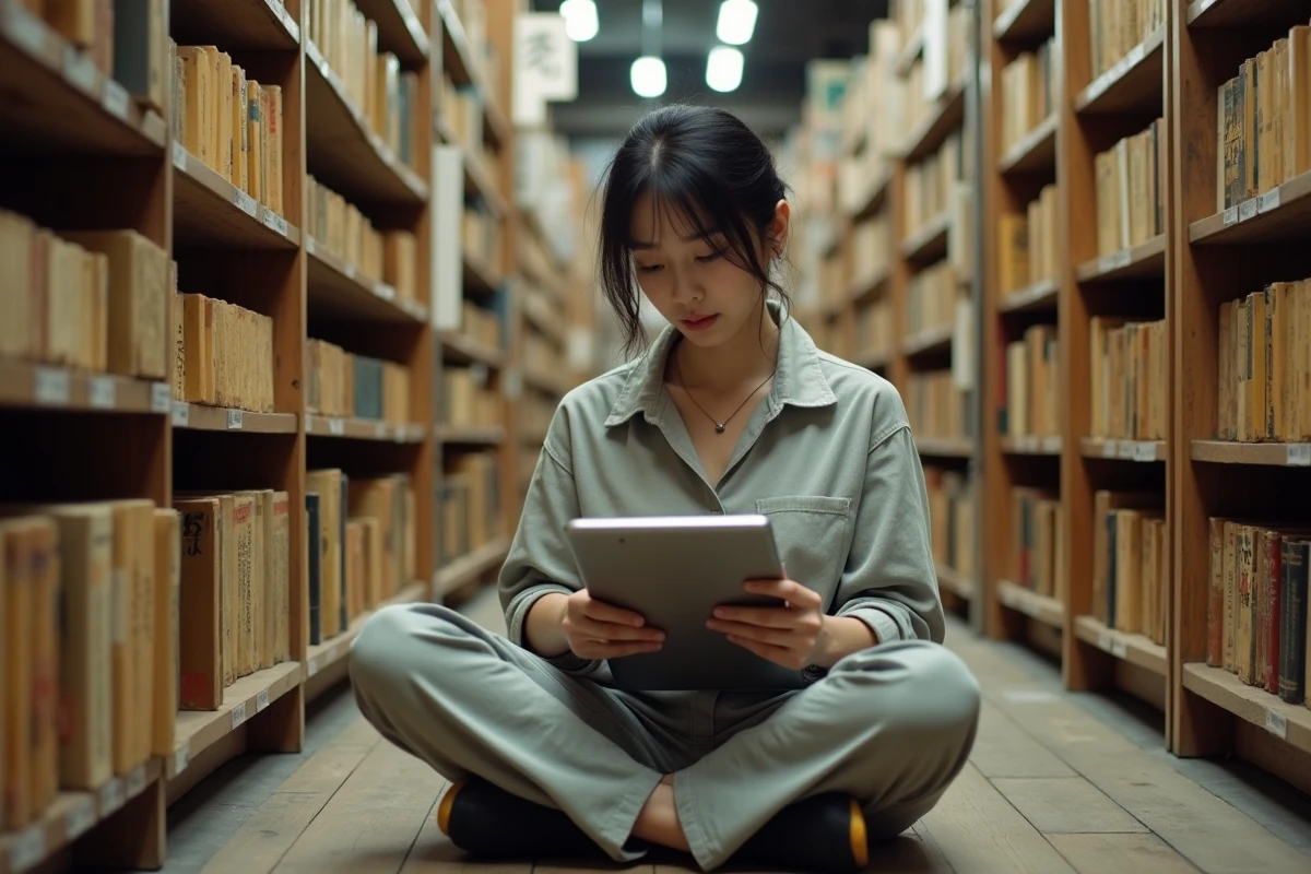 Femme recherchant des scans de manga introuvables dans une librairie vintage