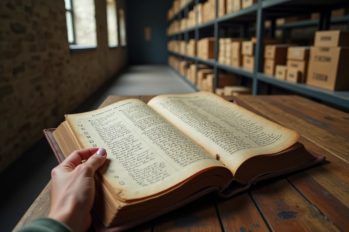 Registre d'état civil ancien ouvert sur une table d'archives, entrées manuscrites en cursive