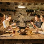 Famille réunie autour d'une fondue dans une cuisine rustique, repas convivial entre parents et adolescents