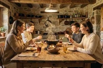Famille réunie autour d'une fondue dans une cuisine rustique, repas convivial entre parents et adolescents
