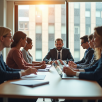 Groupe de professionnels en réunion dans un bureau lumineux