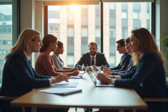 Groupe de professionnels en réunion dans un bureau lumineux