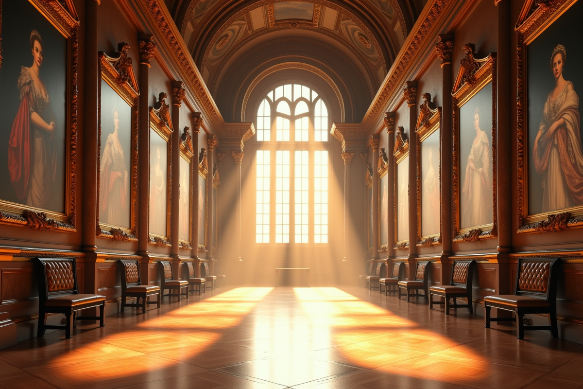 Salle grandiose avec portraits de rois britanniques