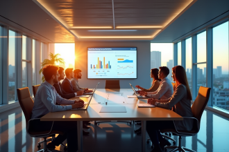 Salle de réunion moderne avec professionnels discutant