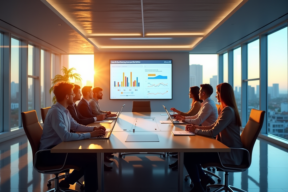 Salle de réunion moderne avec professionnels discutant